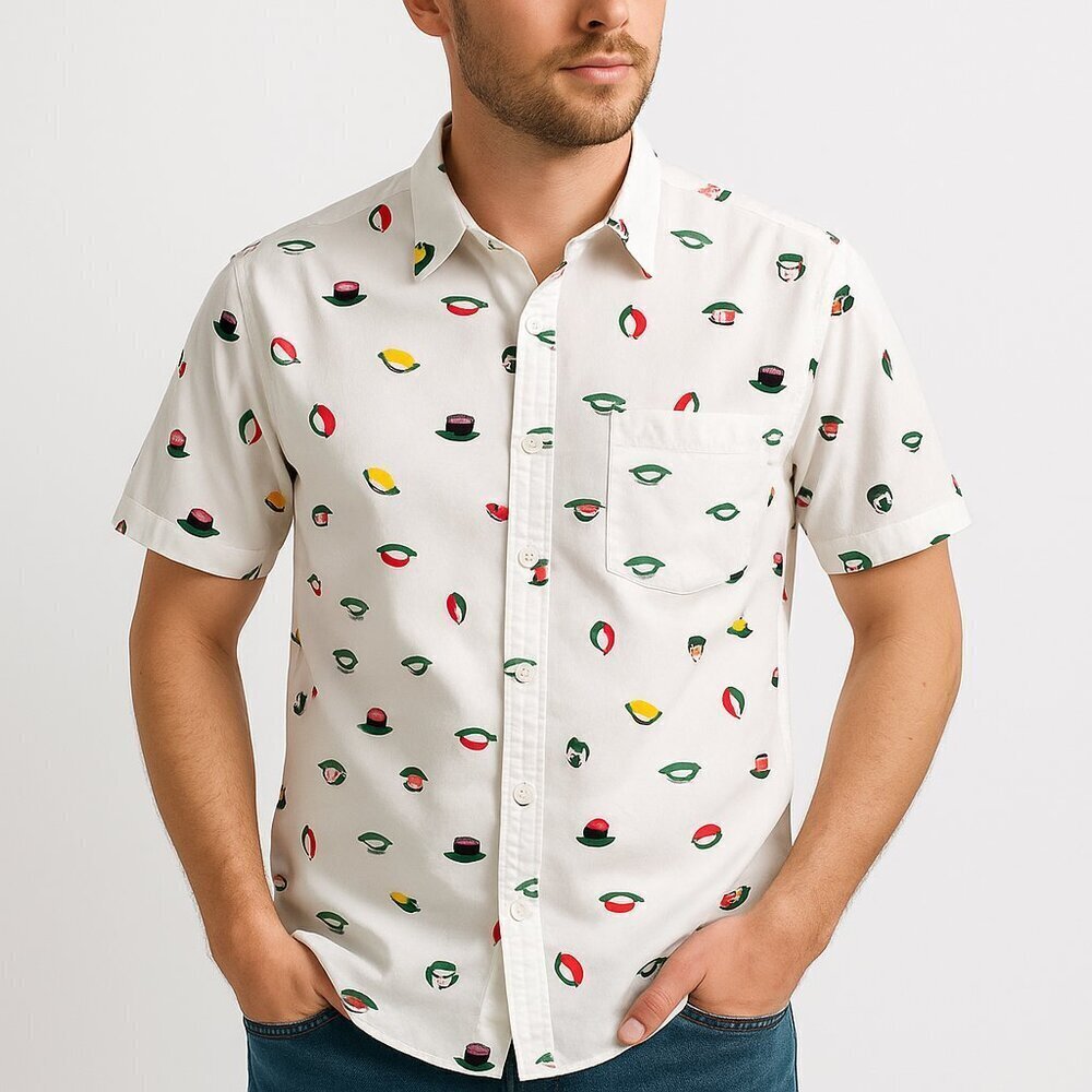 Straight Faded Cotton Sushi Print Short Sleeve Button Down Shirt Festivalcore L